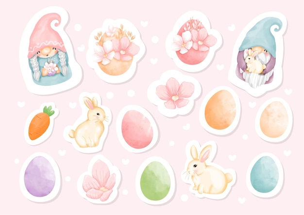 Aquarel Happy Easter day Stickers met schattige kabouter en Easter's Elements