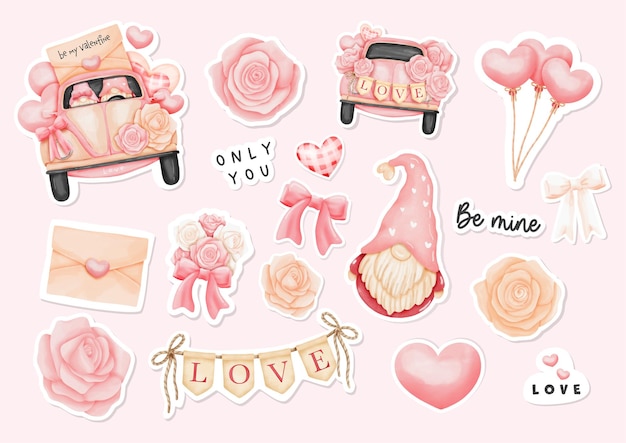 Aquarel happy valentine's day stickers met gnome en valentine's elements.