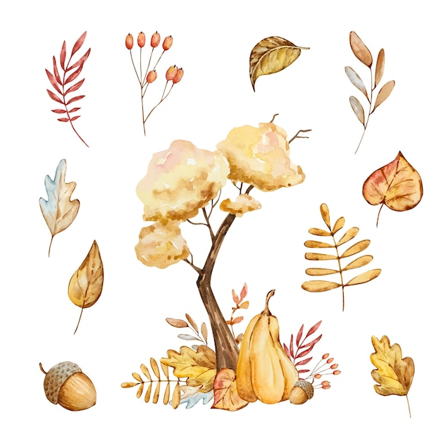 Aquarel herfst compositie boom en bladeren