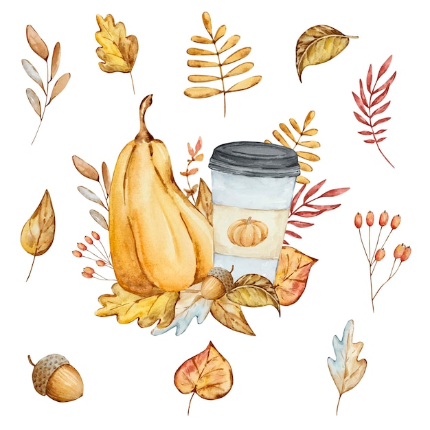 Aquarel herfst samenstelling pompoen koffie en bladeren