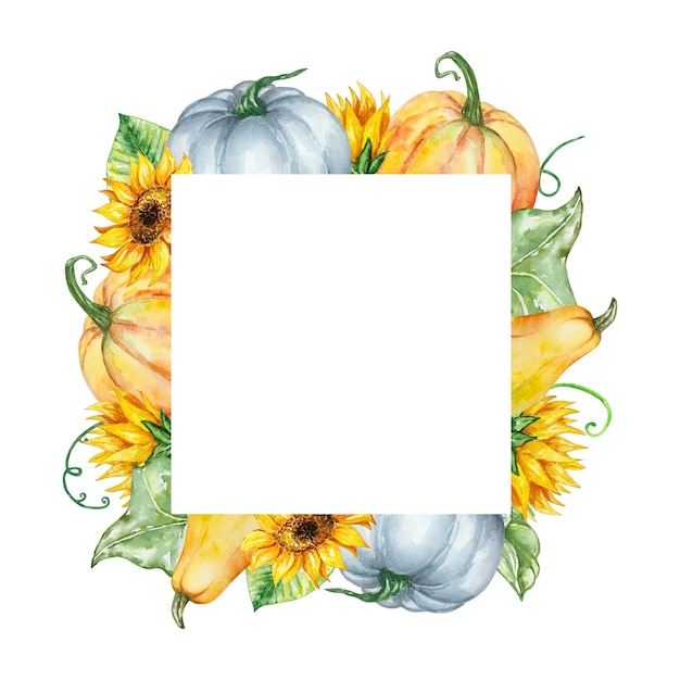 Aquarel herfst vierkant frame van pompoenen, zonnebloemen en bladeren