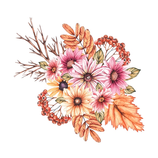 Aquarel herfstboeket met bloemen en droge bladeren op een witte achtergrond