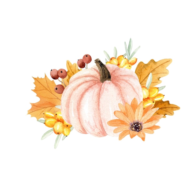 Aquarel herfstcompositie met pompoenen en bladeren