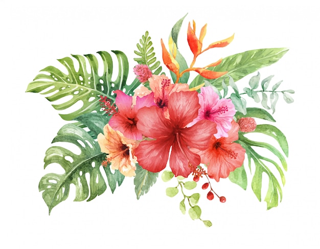 Vector aquarel hibiscus bloem in tropische boeket