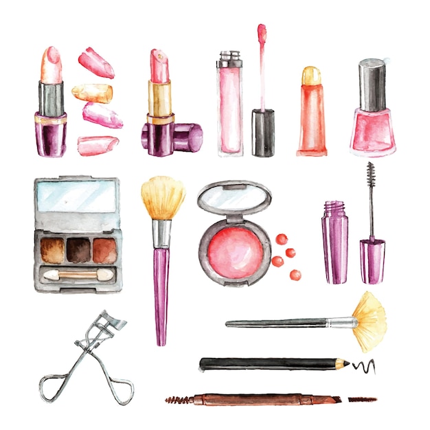 Vector aquarel iconen van de make-up cosmetica op witte achtergrond een set van decoratieve make-up cosmetica