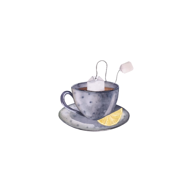Aquarel illustratie een mok thee met en een schijfje citroen voor de design theeverpakking.
