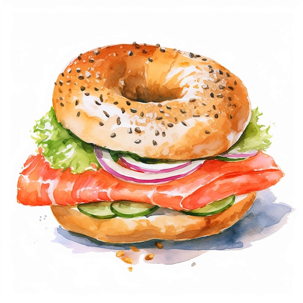 Aquarel illustratie gerookte zalm bagel sandwich op witte achtergrond