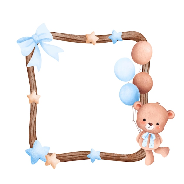 Aquarel illustratie houten frame met schattige baby teddybeer en ballon