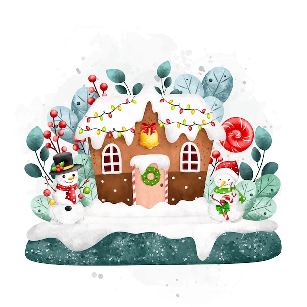 Aquarel illustratie Huisje en sneeuwpop met kerstversiering