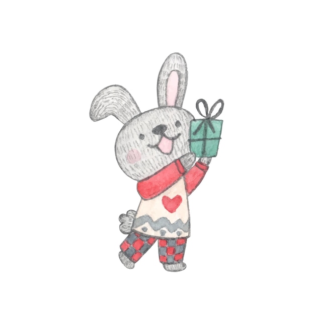 Aquarel illustratie Kerst karakter konijntje in gezellige pyjama met cadeau in de hand