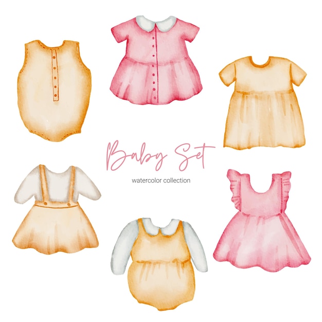 Aquarel illustratie kleding. kledingset voor babyspullen