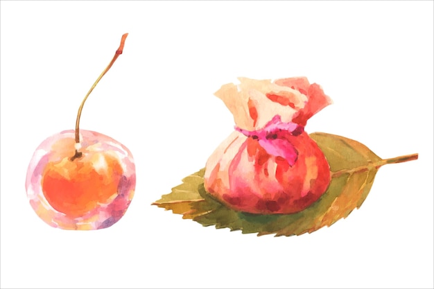 Aquarel illustratie sakuramochi met theedoekverpakking en wagashi-kers, japanse snoepjes.