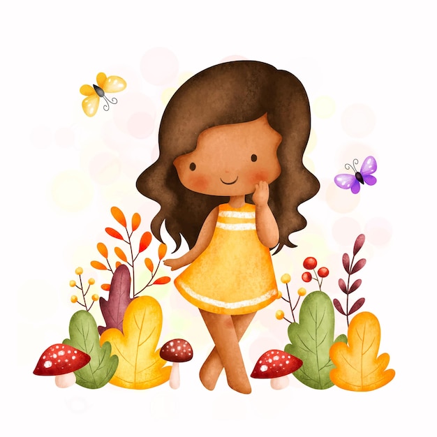 Vector aquarel illustratie schattig meisje in de tuin met vlinder en herfstbladeren