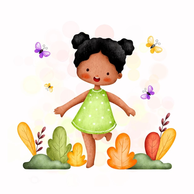 Aquarel Illustratie schattig meisje in de tuin met vlinder en herfstbladeren