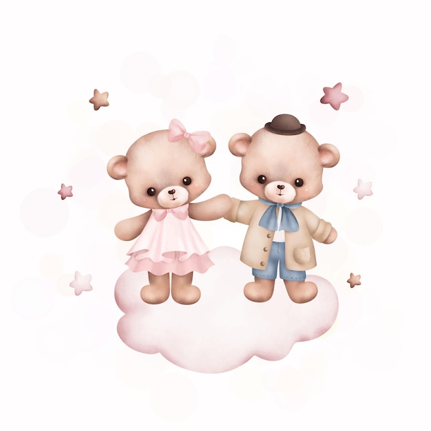 Aquarel illustratie schattig paar teddyberen op de wolk