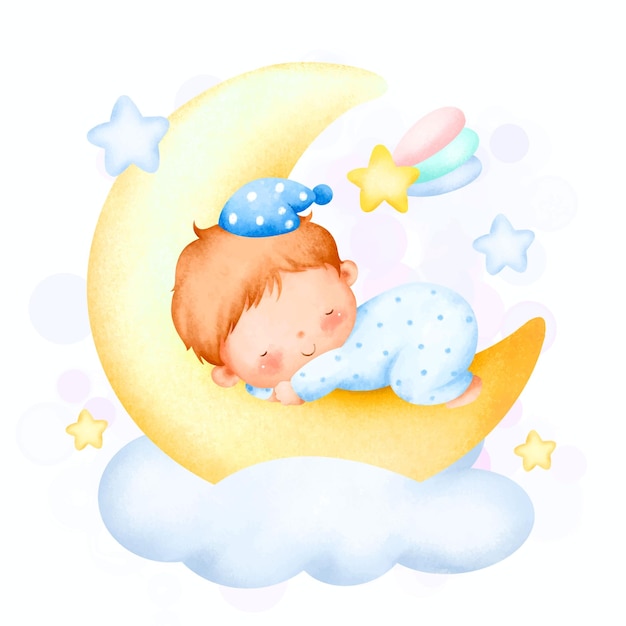 Aquarel illustratie schattige babyjongen slapen op de maan