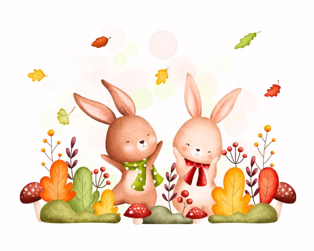 Aquarel Illustratie schattige herfst konijnen en vallende bladeren