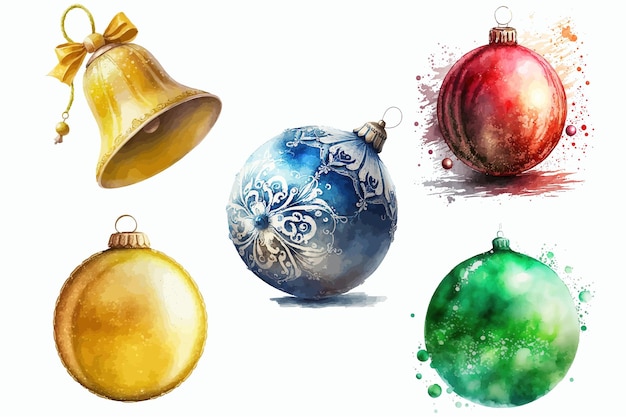 Aquarel Illustratie set Kerst ornamenten Handgetekende illustratie geïsoleerd op een witte achtergrond in boho stijl