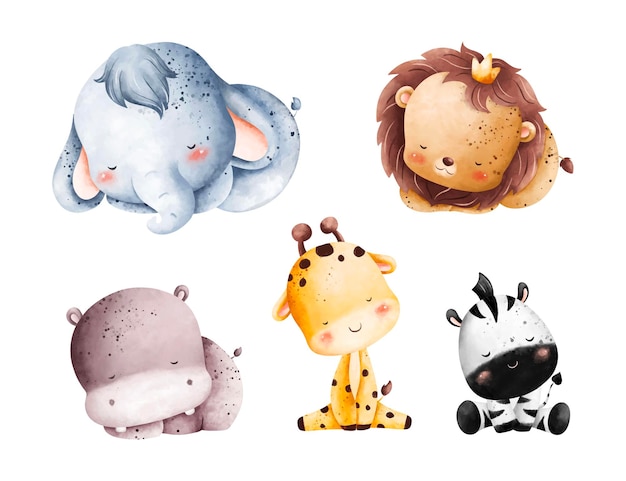 Aquarel illustratie set slaperige baby dieren