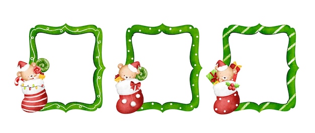 Aquarel illustratie set van kerst frame met baby beer in kerst sokken en ornamenten