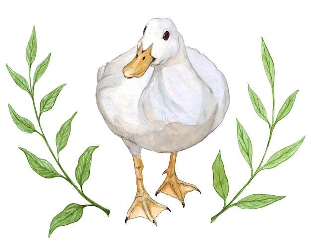 Aquarel illustratie set witte gans en takjes groen