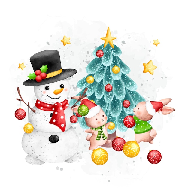 Aquarel Illustratie Sneeuwpop en kerstboom met konijn en kerstversieringen