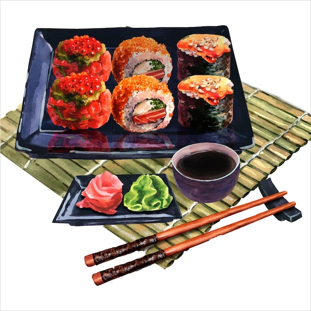 Aquarel illustratie sushi rolt geserveerd met gember en wasabi op speciaal zwart dienblad