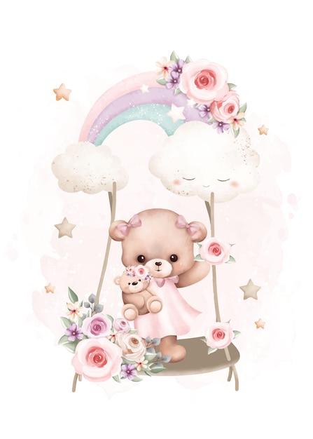 Aquarel illustratie Teddybeer zwaait op regenboog met sterren