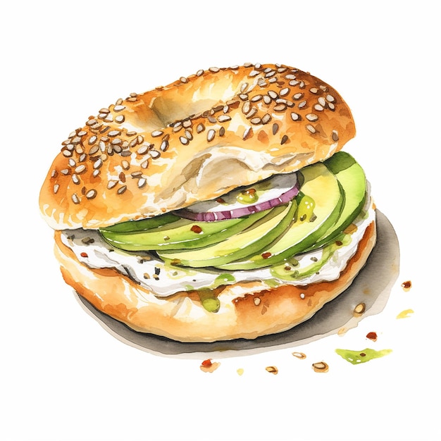Aquarel illustratie van avocado bagel op witte achtergrond