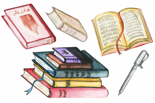 Aquarel illustratie van boeken een stapel boeken clipart van gesloten en open boeken