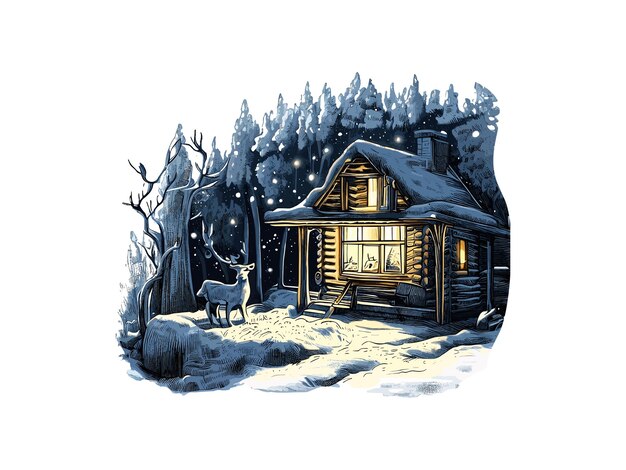 Aquarel illustratie van een hut in het bos met sneeuw vector clipart afbeelding op witte achtergrond