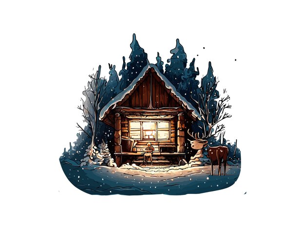 Aquarel illustratie van een hut in het bos met sneeuw vector clipart afbeelding op witte achtergrond