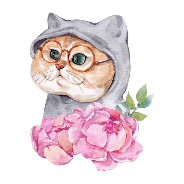 Vector aquarel illustratie van een kat in een kap en bloemen