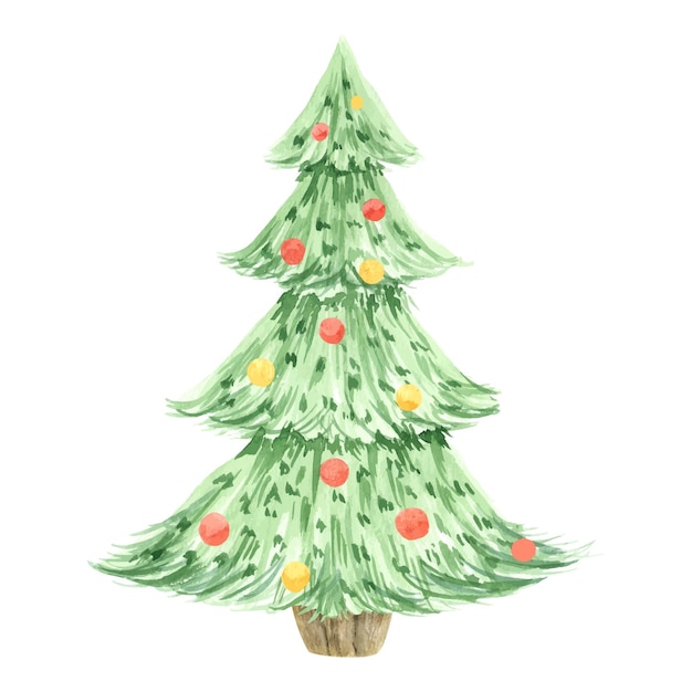 Aquarel illustratie van een kerstboom met speelgoed Aquarel kerstboom