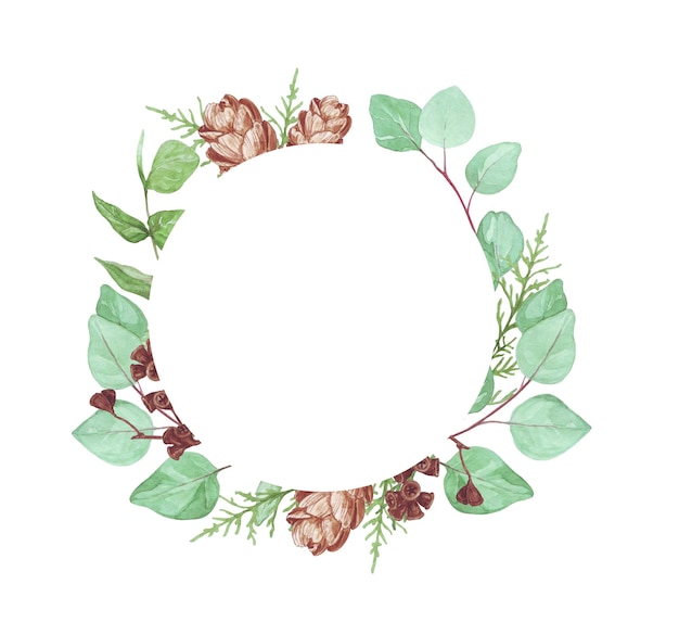 Aquarel illustratie van een rond frame in scandinavische stijl met eucalyptus takken en kegels