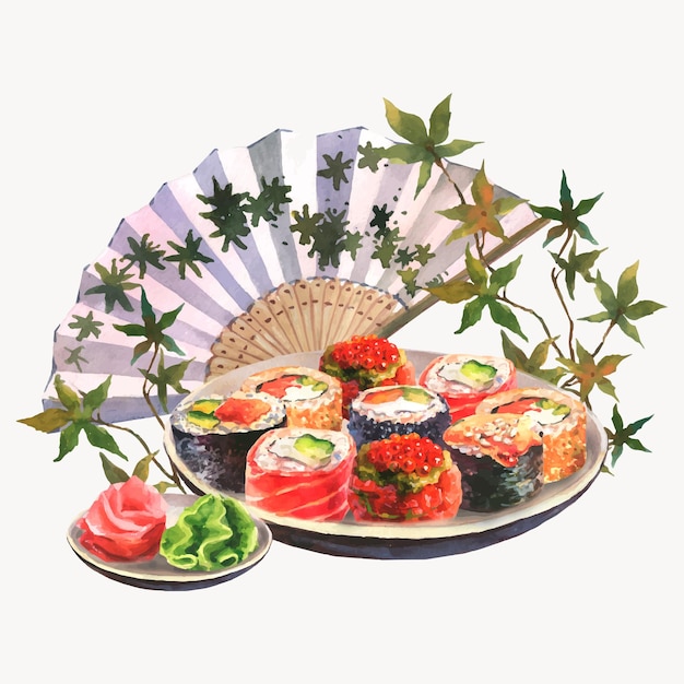 Aquarel illustratie van een set sushi op een bord, gember, wasabi, sojasaus, eetstokjes en waaier