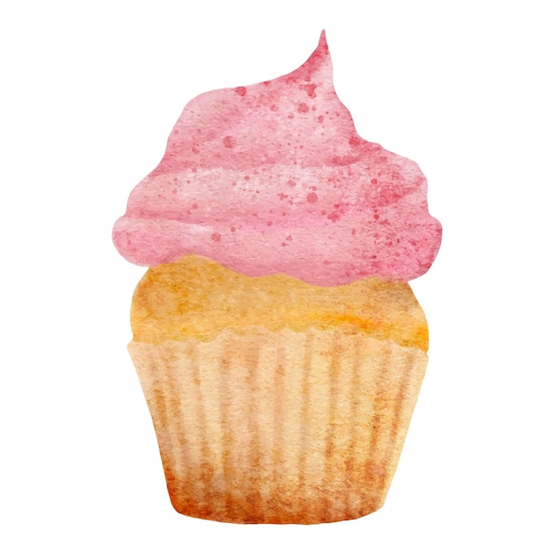 Aquarel illustratie van een vanille cupcake op een witte achtergrond