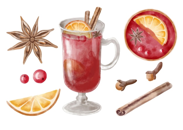 Aquarel illustratie van glühwein in glas mag en ingrediënten voor het koken hand getekende vector schets voor recept van traditionele winter warme drank