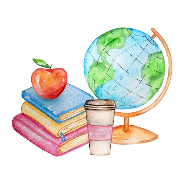 Aquarel illustratie van schoolspullen met een wereldbol