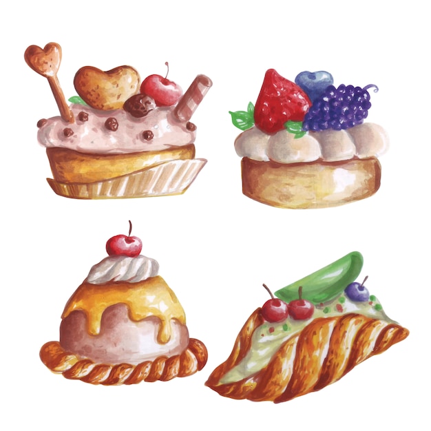 Vector aquarel illustratie van verschillende desserts en zoete vruchten.