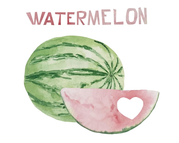 Aquarel illustratie van watermeloen een stuk plakje watermeloen met hart