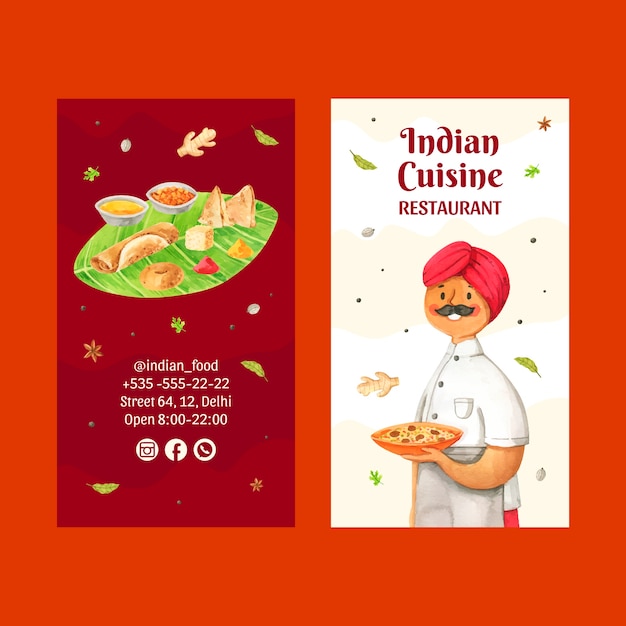 Aquarel Indiaas eten restaurant verticaal visitekaartje