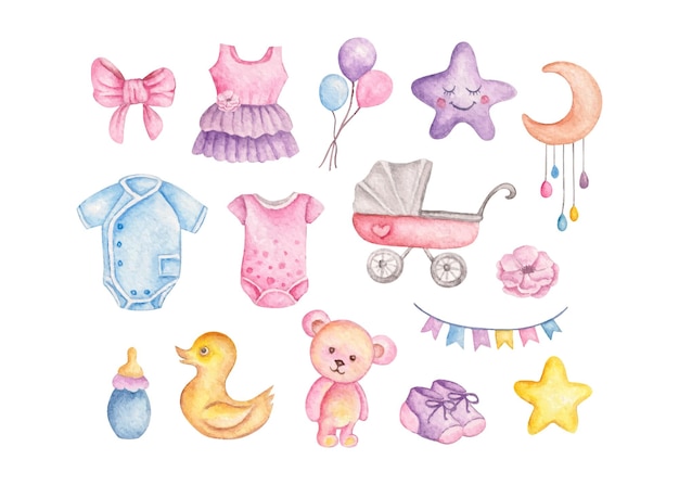 Vector aquarel jongens speelgoed baby shower elementen set