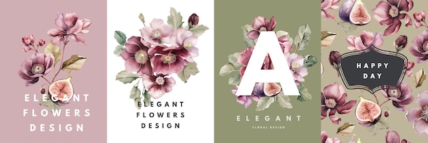 Aquarel kaarten ontwerpen sjablonen met bloemen en vijgen vruchten