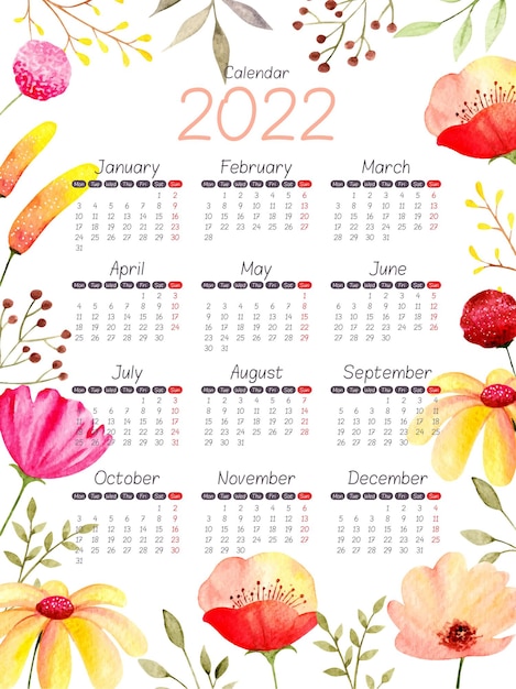 Aquarel kalender 2022 bloem en bladeren