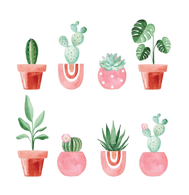 Aquarel kamerplanten in roze potten set geïsoleerd op een witte achtergrond. Cactussen en vetplanten binnentuinillustraties