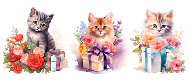 Vector aquarel katten clipart met geschenk en bloemen