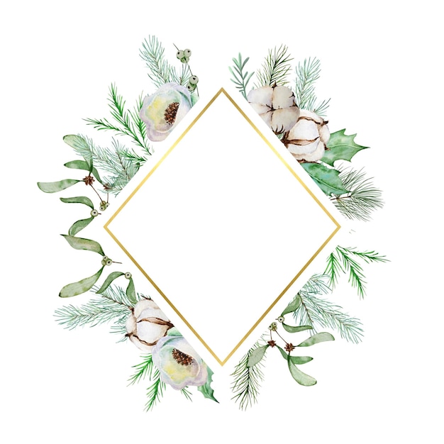 Aquarel kerst bloemen frame. Botanische design ansichtkaart met traditioneel decor van winterplanten