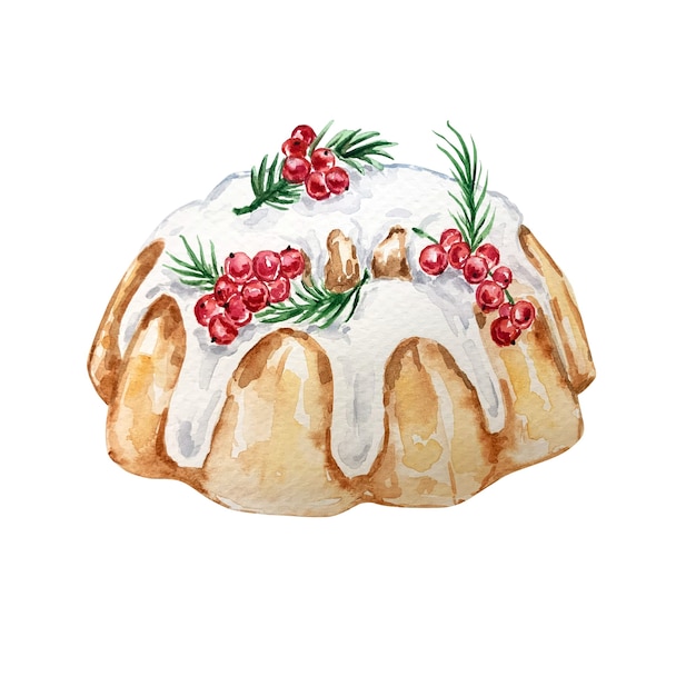 Aquarel kerst cake met bessen. aquarel illustratie