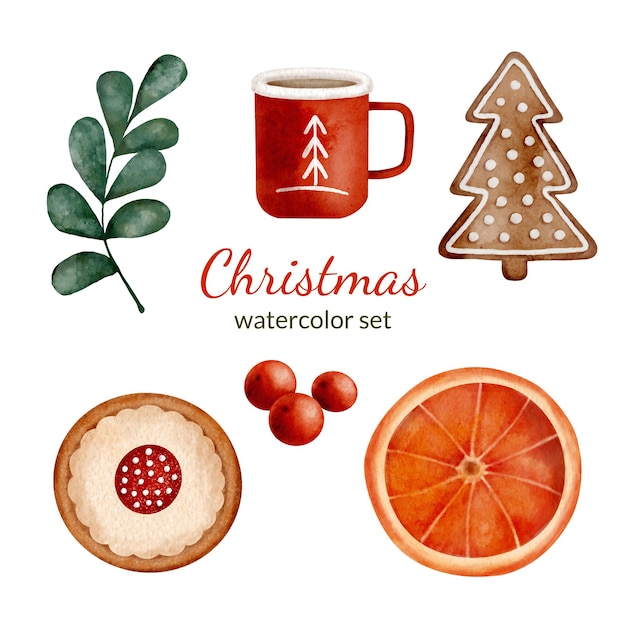 Aquarel kerst illustratie set met koekjes warme chocolademelk gedroogde sinaasappelschijfje